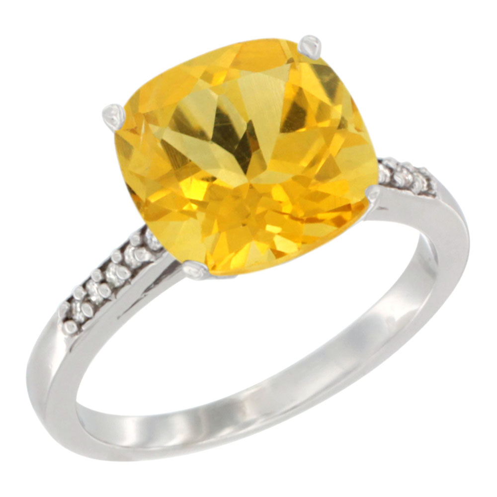 14K Yellow Gold Natural Citrine Ring 9 mm Cushion-cut Diamond accent, sizes 5 - 10
