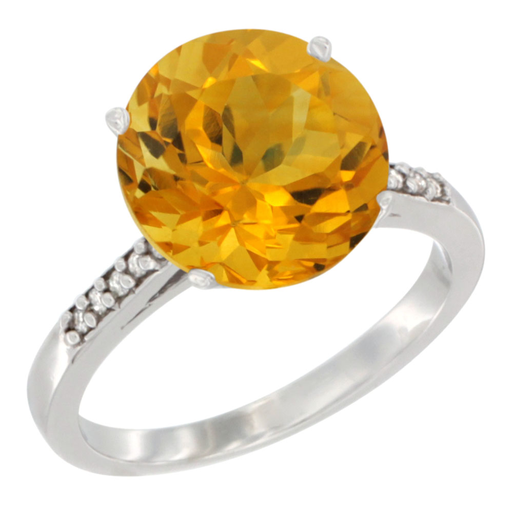 10K White Gold Natural Citrine Ring Round 10mm Diamond accent, sizes 5 - 10