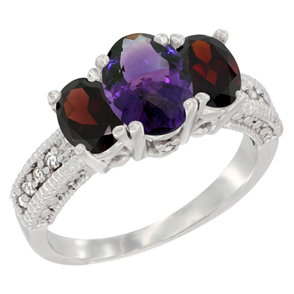 14K White Gold Diamond Natural Amethyst Ring Oval 3-stone with Garnet, sizes 5 - 10