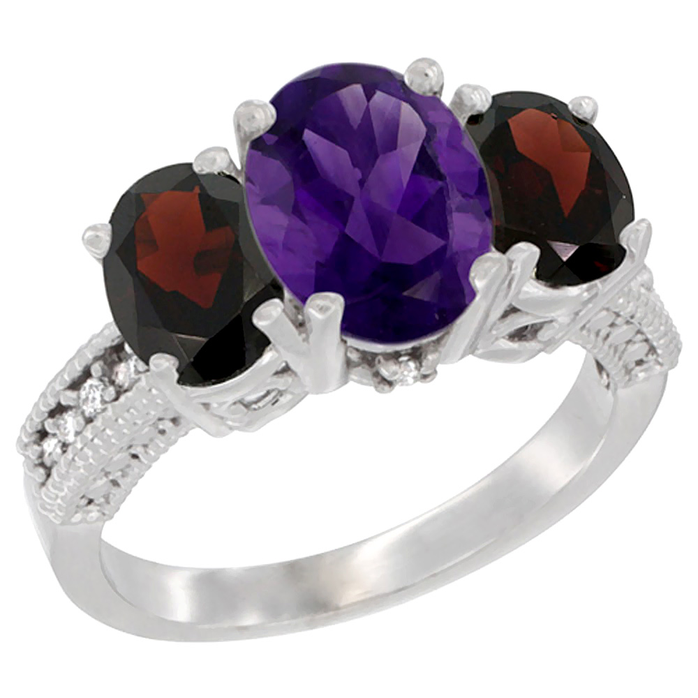 10K White Gold Diamond Natural Amethyst Ring 3-Stone Oval 8x6mm with Garnet, sizes5-10