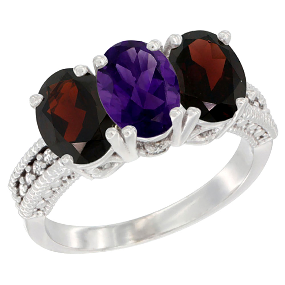 10K White Gold Natural Amethyst &amp; Garnet Sides Ring 3-Stone Oval 7x5 mm Diamond Accent, sizes 5 - 10
