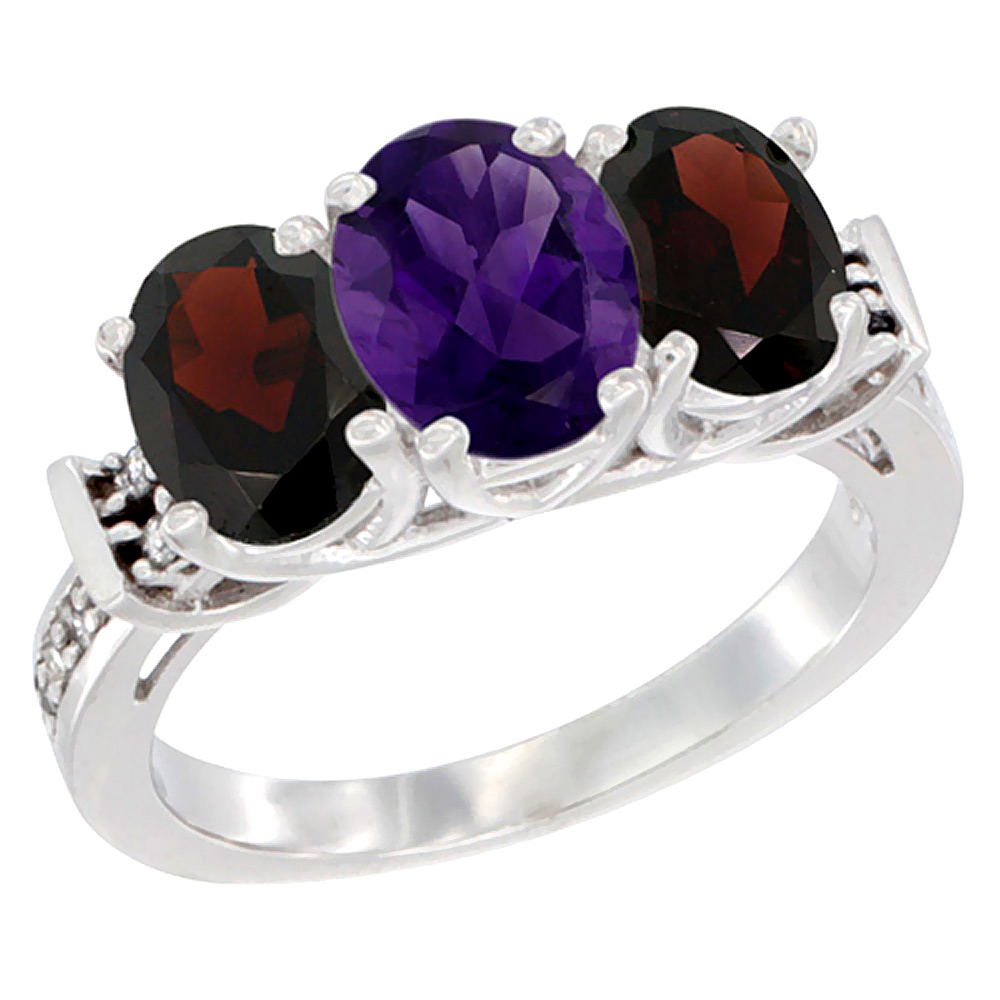10K White Gold Natural Amethyst &amp; Garnet Sides Ring 3-Stone Oval Diamond Accent, sizes 5 - 10