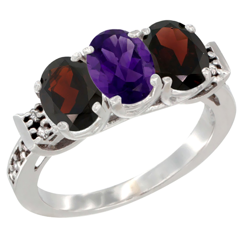 10K White Gold Natural Amethyst &amp; Garnet Sides Ring 3-Stone Oval 7x5 mm Diamond Accent, sizes 5 - 10