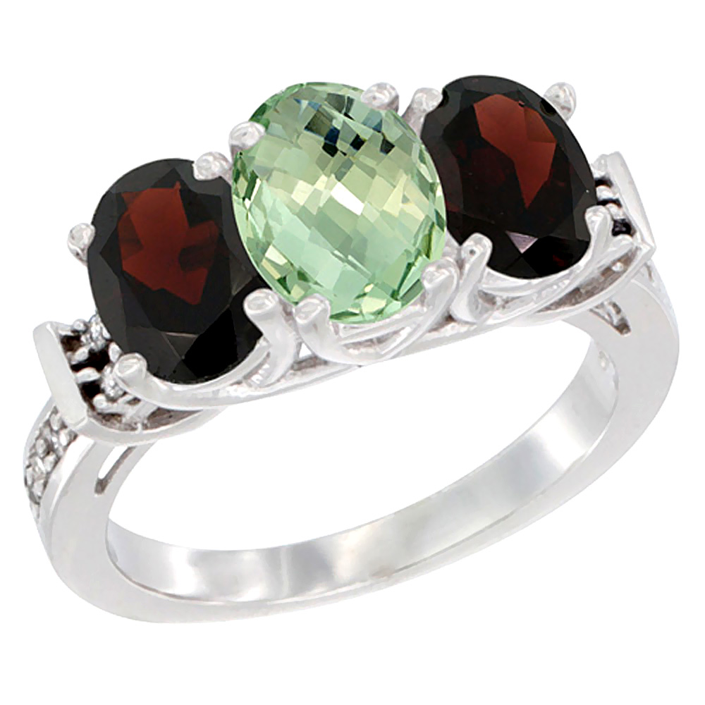 14K White Gold Natural Green Amethyst &amp; Garnet Sides Ring 3-Stone Oval Diamond Accent, sizes 5 - 10