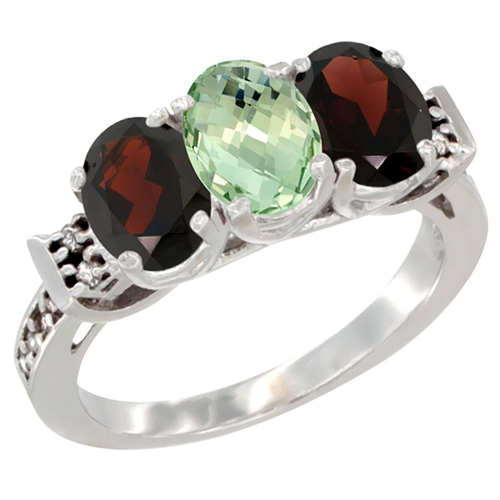 14K White Gold Natural Green Amethyst & Garnet Sides Ring 3-Stone 7x5 mm Oval Diamond Accent, sizes 5 - 10