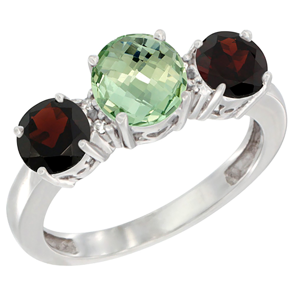 10K White Gold Round 3-Stone Natural Green Amethyst Ring & Garnet Sides Diamond Accent, sizes 5 - 10