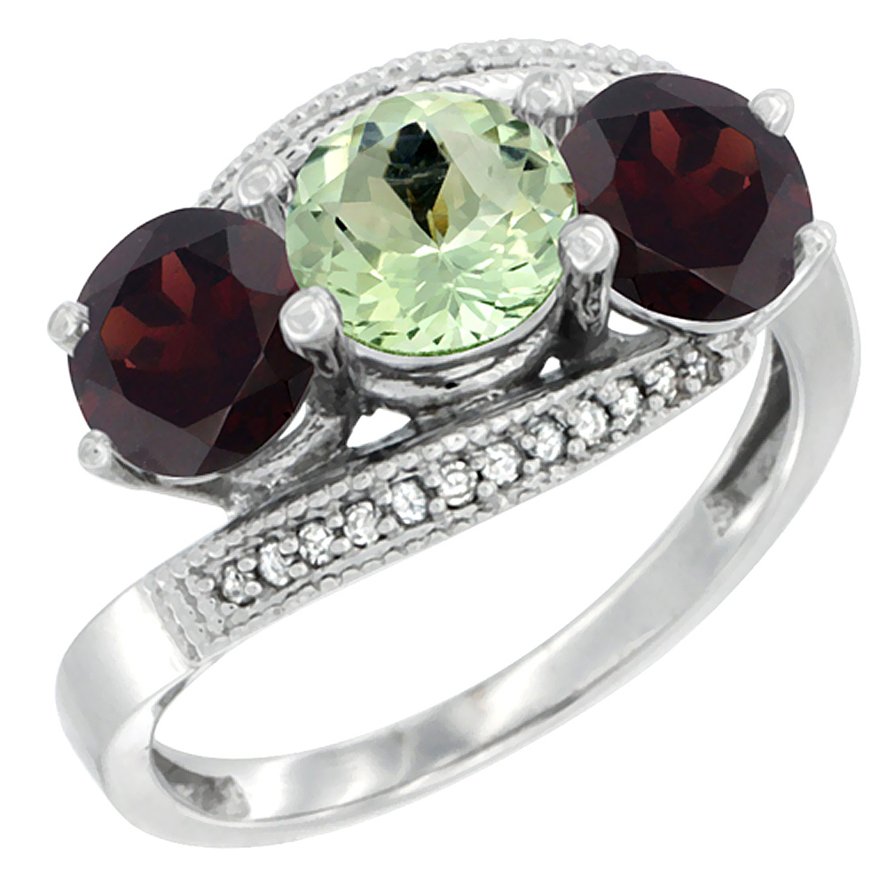 10K White Gold Natural Green Amethyst &amp; Garnet Sides 3 stone Ring Round 6mm Diamond Accent, sizes 5 - 10