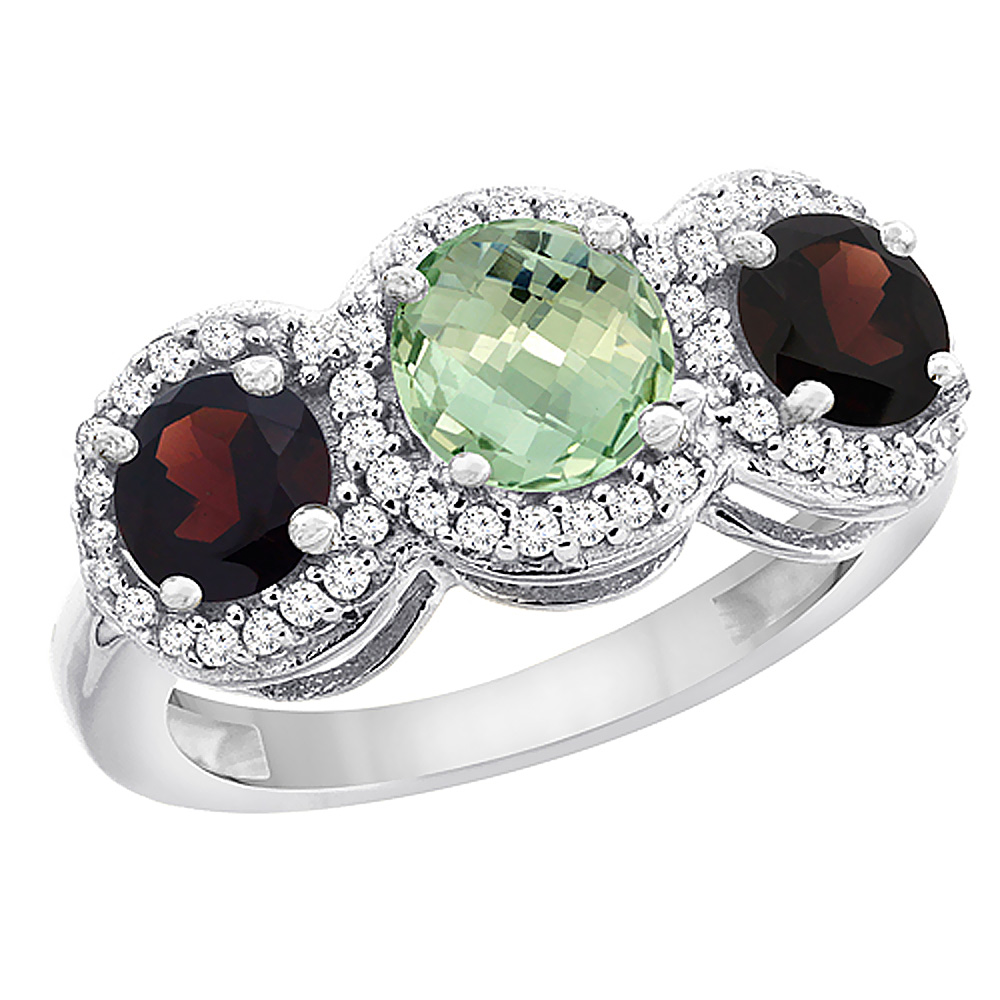 14K White Gold Natural Green Amethyst &amp; Garnet Sides Round 3-stone Ring Diamond Accents, sizes 5 - 10