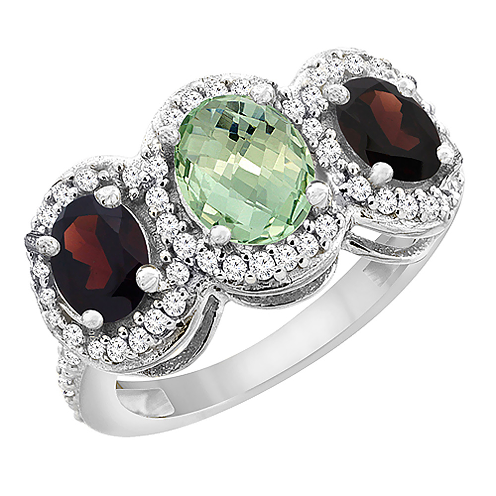 14K White Gold Natural Green Amethyst & Garnet 3-Stone Ring Oval Diamond Accent, sizes 5 - 10