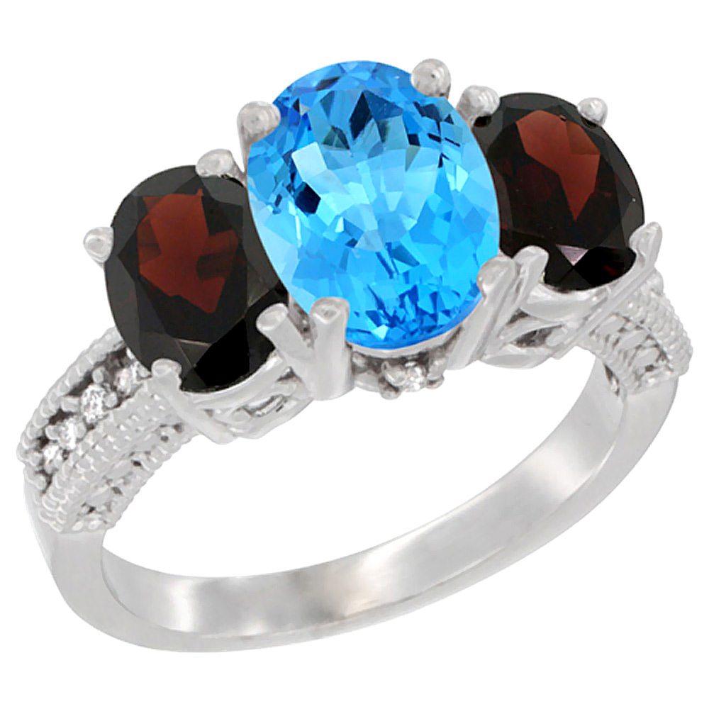 10K White Gold Diamond Natural Swiss Blue Topaz Ring 3-Stone Oval 8x6mm with Garnet, sizes5-10