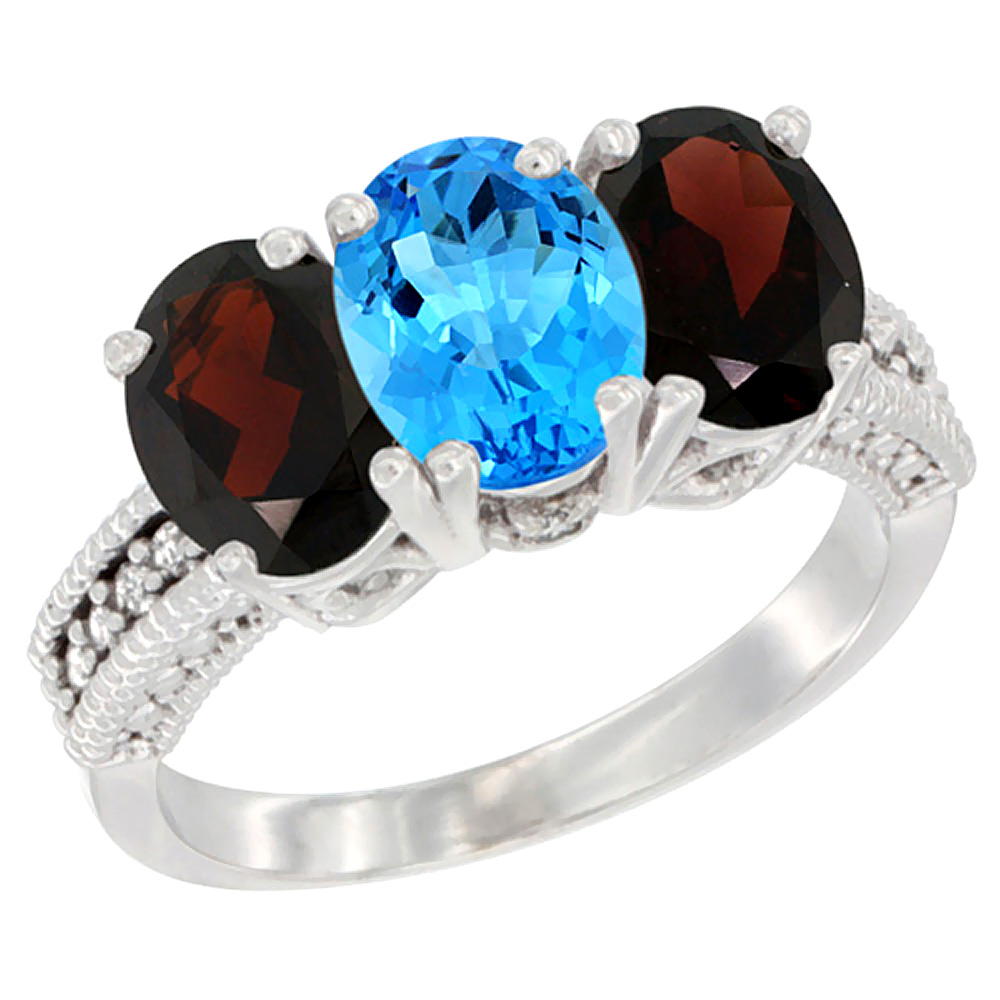 14K White Gold Natural Swiss Blue Topaz & Garnet Sides Ring 3-Stone 7x5 mm Oval Diamond Accent, sizes 5 - 10