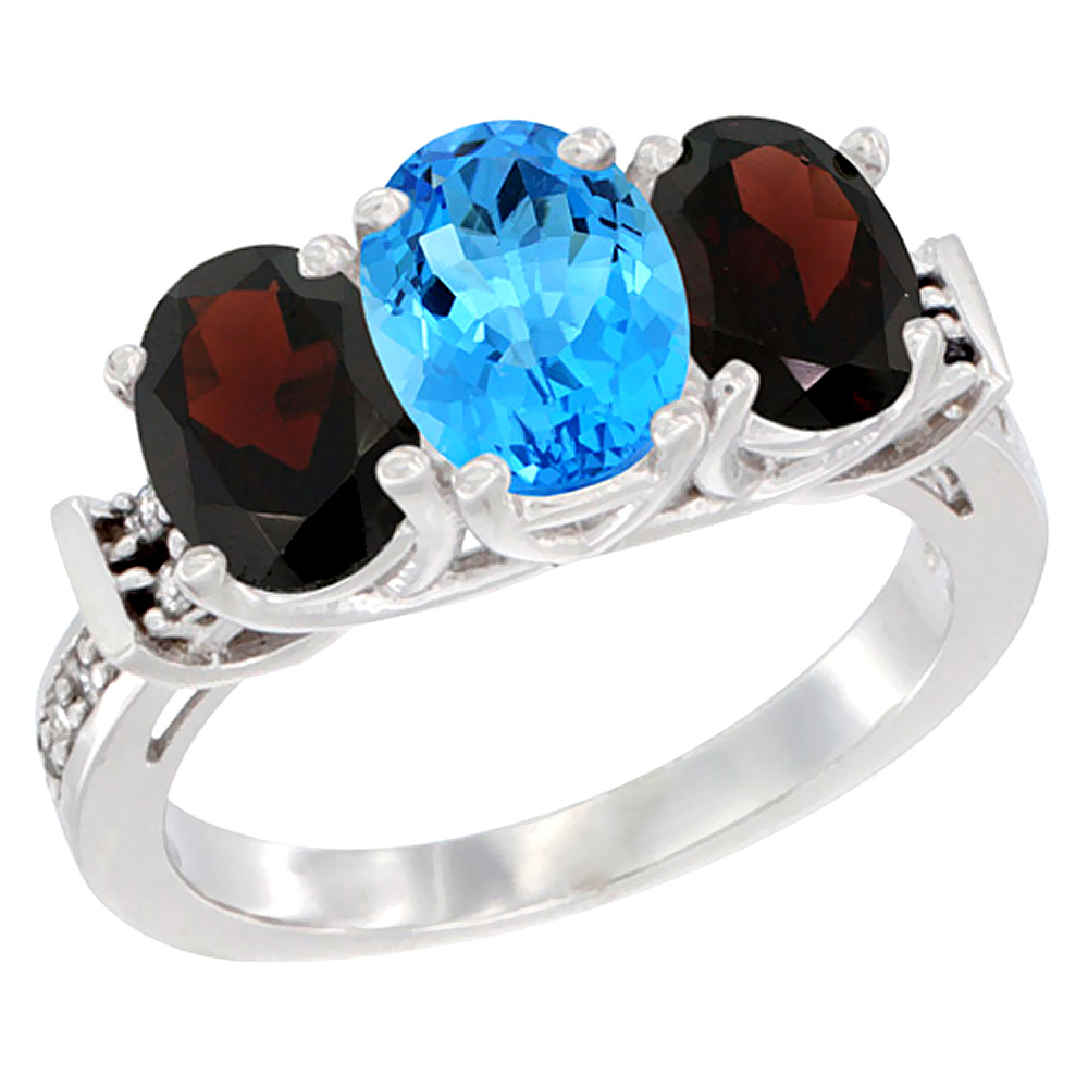 14K White Gold Natural Swiss Blue Topaz &amp; Garnet Sides Ring 3-Stone Oval Diamond Accent, sizes 5 - 10