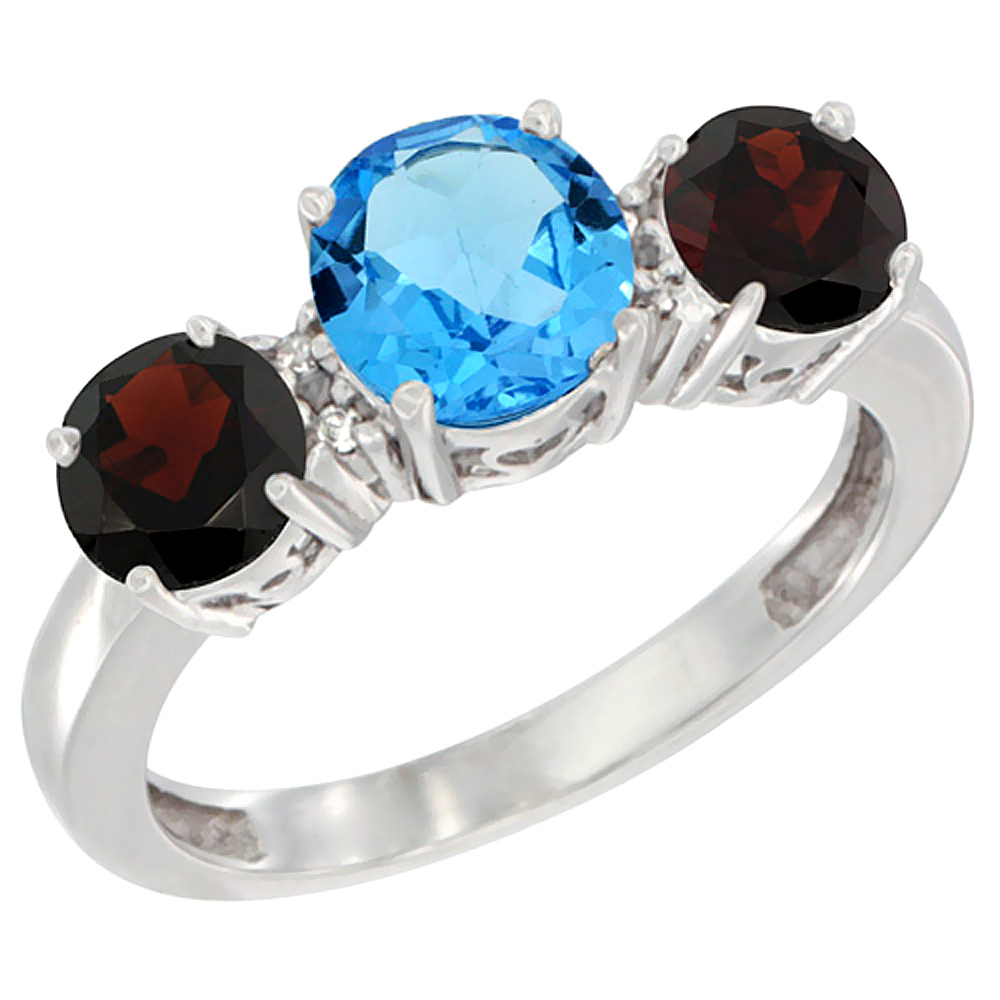 10K White Gold Round 3-Stone Natural Swiss Blue Topaz Ring &amp; Garnet Sides Diamond Accent, sizes 5 - 10