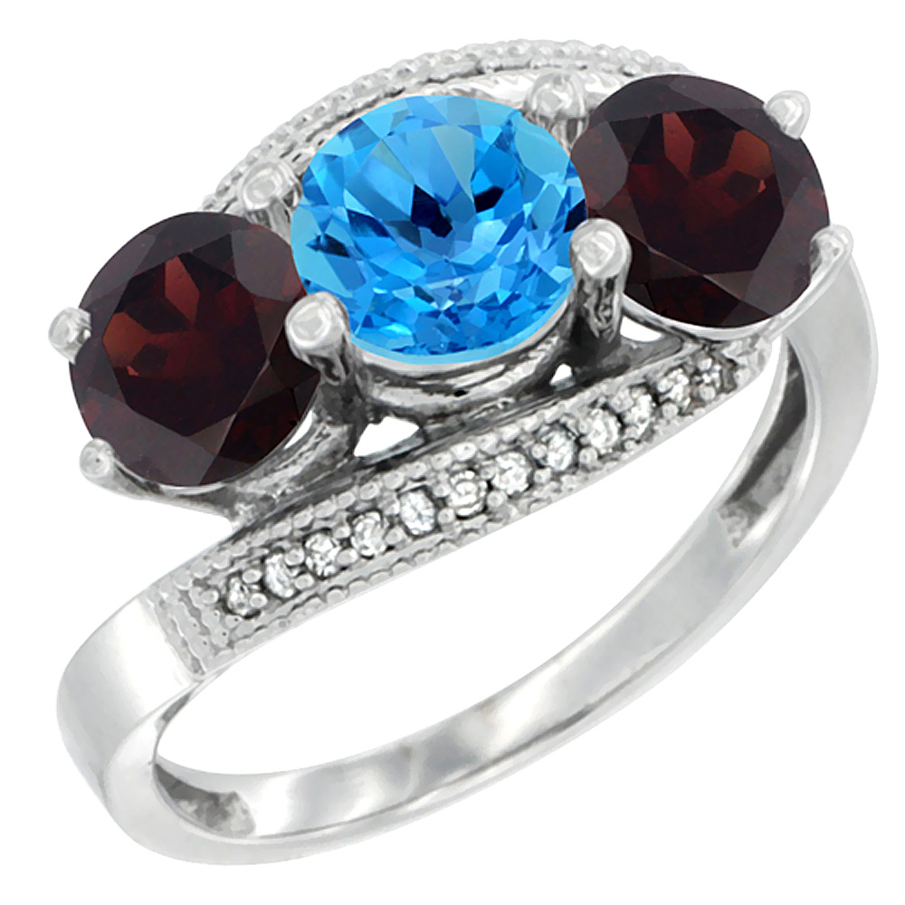 10K White Gold Natural Swiss Blue Topaz & Garnet Sides 3 stone Ring Round 6mm Diamond Accent, sizes 5 - 10