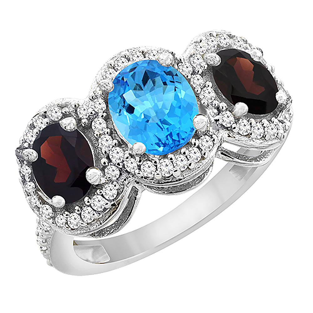 14K White Gold Natural Swiss Blue Topaz & Garnet 3-Stone Ring Oval Diamond Accent, sizes 5 - 10