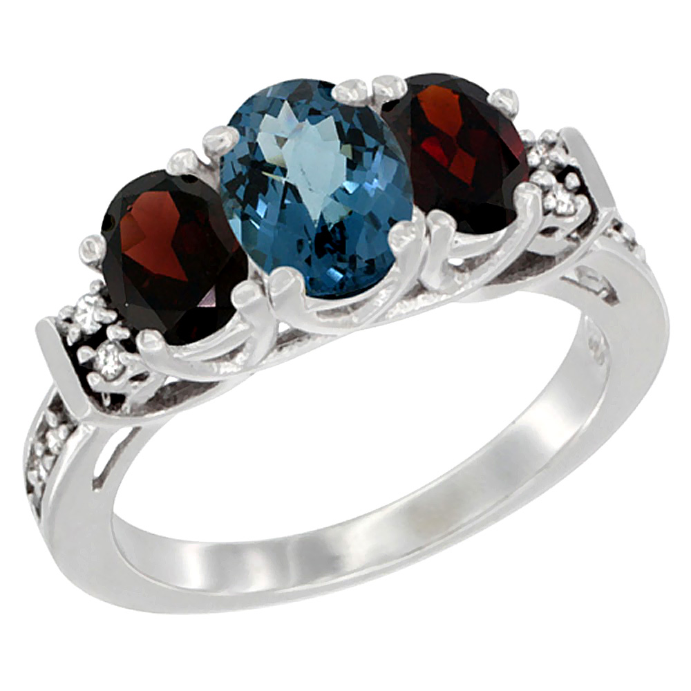 14K White Gold Natural London Blue Topaz & Garnet Ring 3-Stone Oval Diamond Accent, sizes 5-10