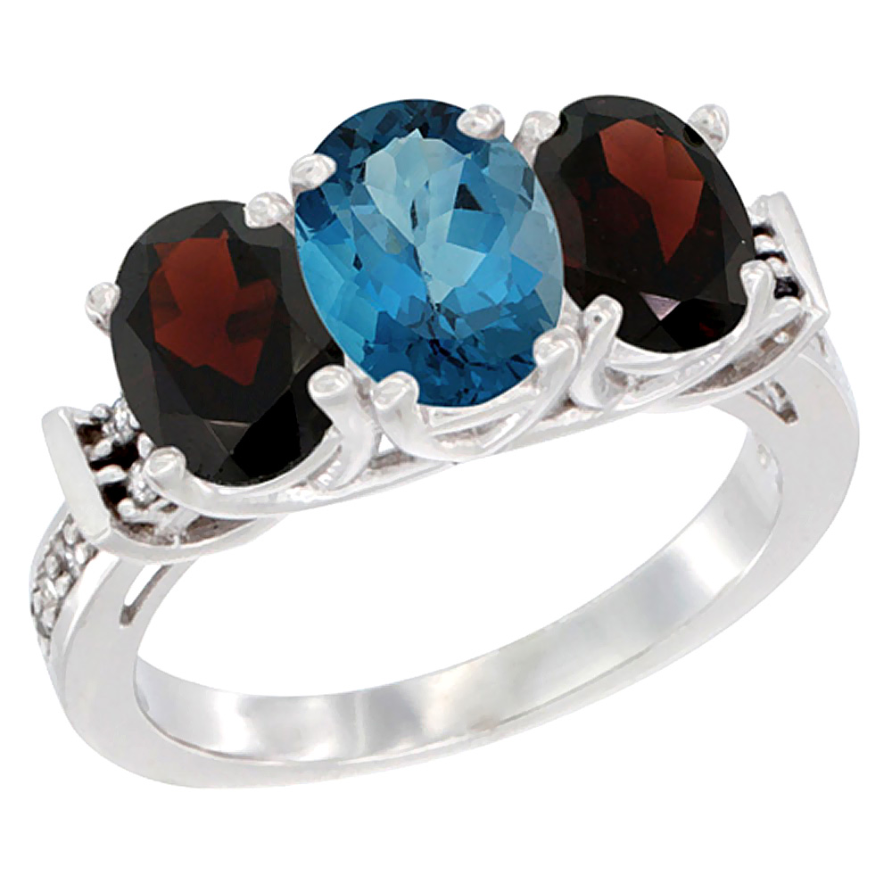 14K White Gold Natural London Blue Topaz &amp; Garnet Sides Ring 3-Stone Oval Diamond Accent, sizes 5 - 10