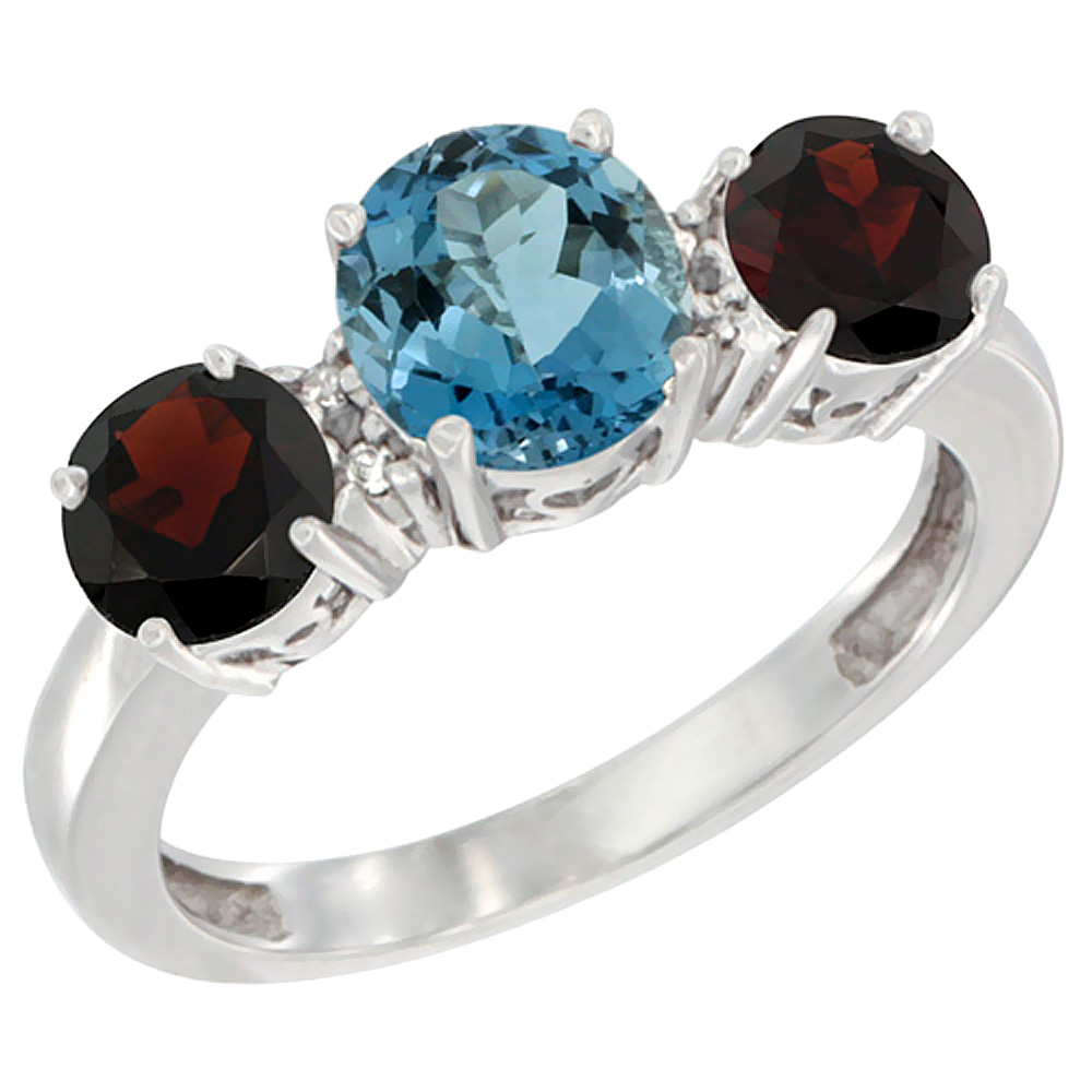 10K White Gold Round 3-Stone Natural London Blue Topaz Ring &amp; Garnet Sides Diamond Accent, sizes 5 - 10