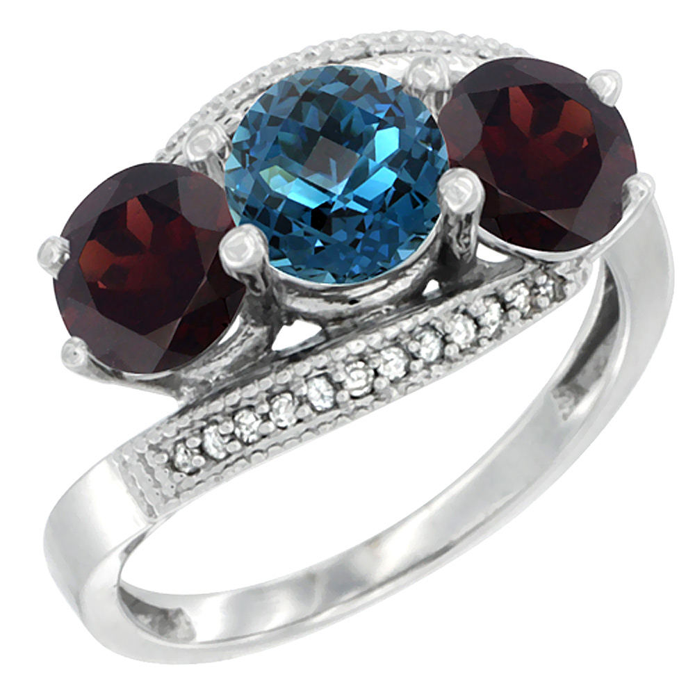 10K White Gold Natural London Blue Topaz &amp; Garnet Sides 3 stone Ring Round 6mm Diamond Accent, sizes 5 - 10