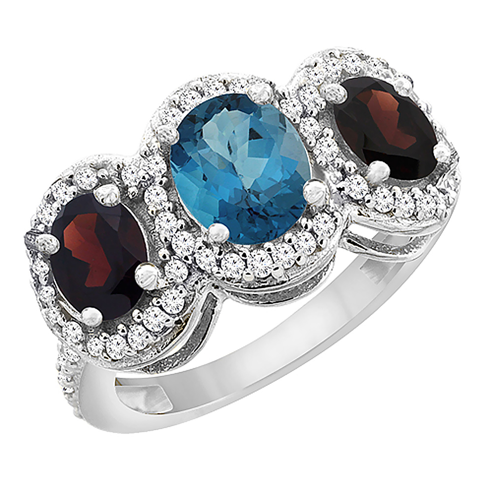 14K White Gold Natural London Blue Topaz & Garnet 3-Stone Ring Oval Diamond Accent, sizes 5 - 10
