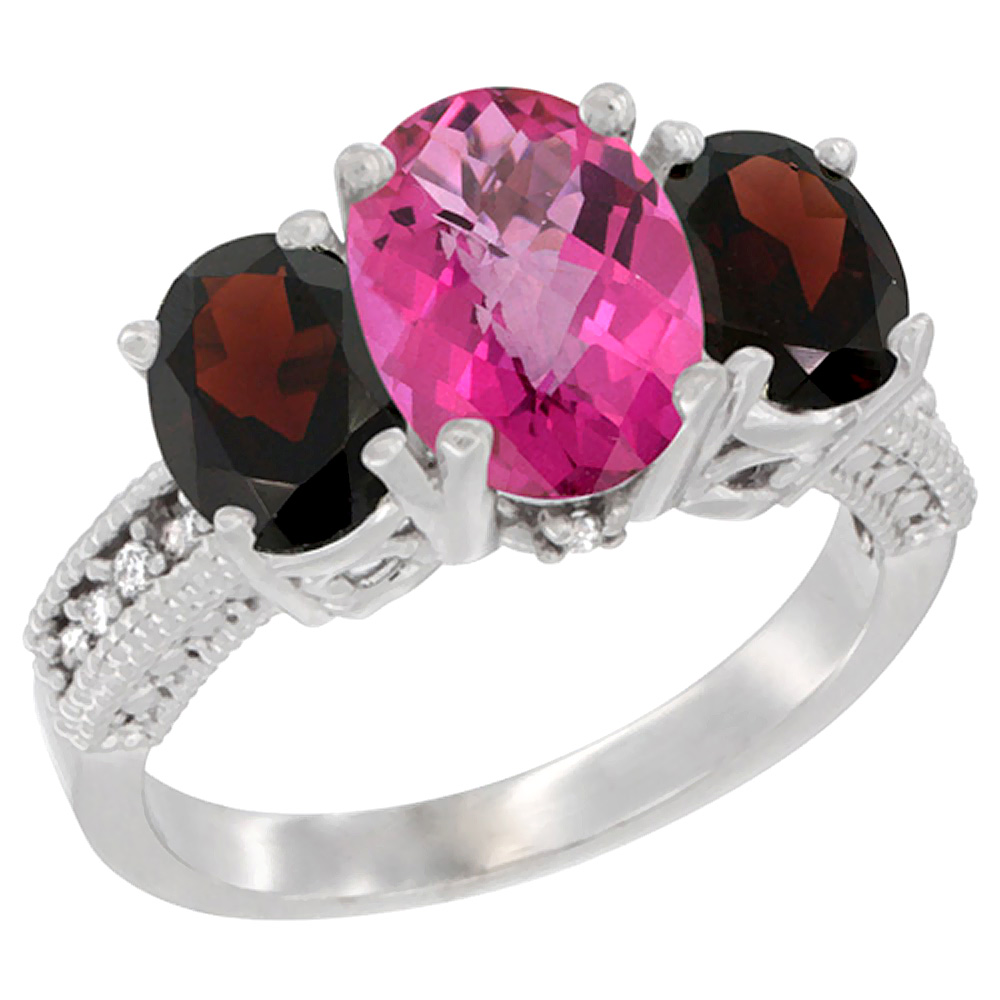 10K White Gold Diamond Natural Pink Topaz Ring 3-Stone Oval 8x6mm with Garnet, sizes5-10
