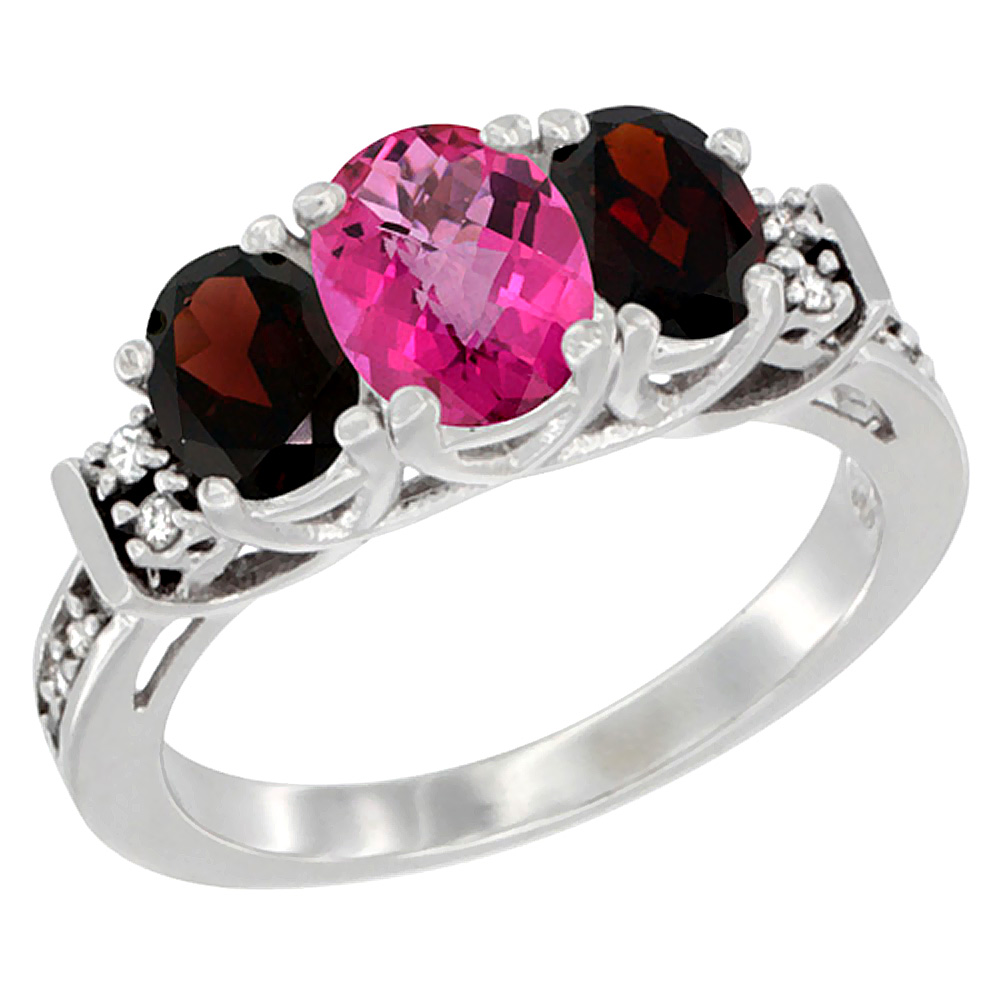 14K White Gold Natural Pink Topaz &amp; Garnet Ring 3-Stone Oval Diamond Accent, sizes 5-10