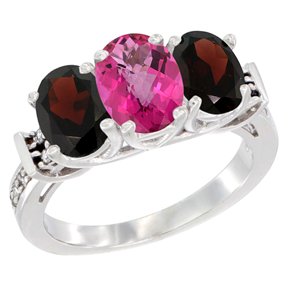 10K White Gold Natural Pink Topaz &amp; Garnet Sides Ring 3-Stone Oval Diamond Accent, sizes 5 - 10