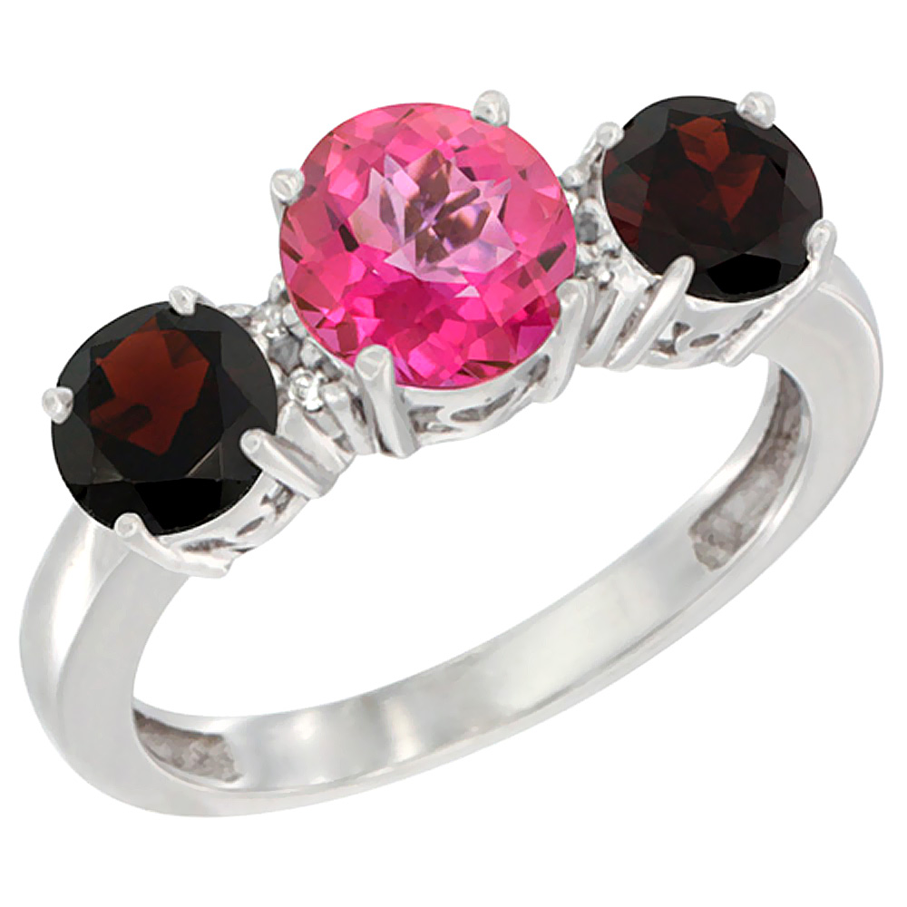 10K White Gold Round 3-Stone Natural Pink Topaz Ring &amp; Garnet Sides Diamond Accent, sizes 5 - 10