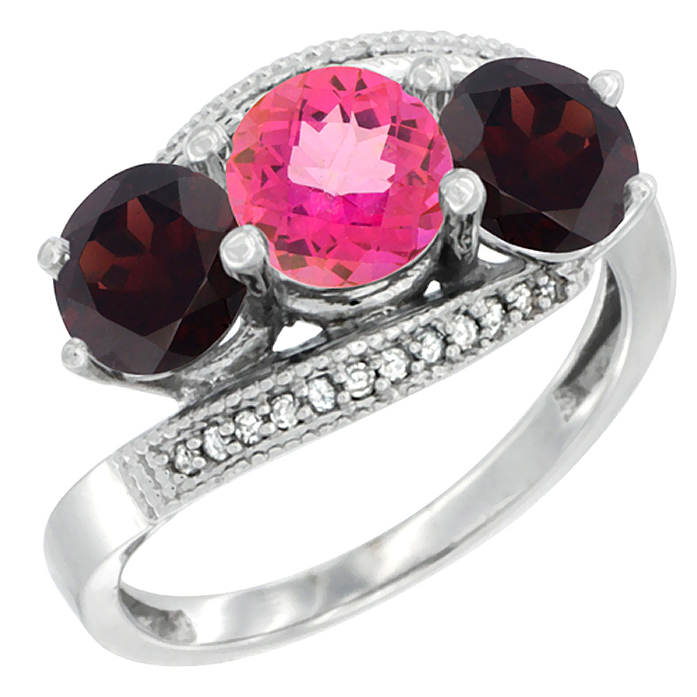 10K White Gold Natural Pink Topaz &amp; Garnet Sides 3 stone Ring Round 6mm Diamond Accent, sizes 5 - 10