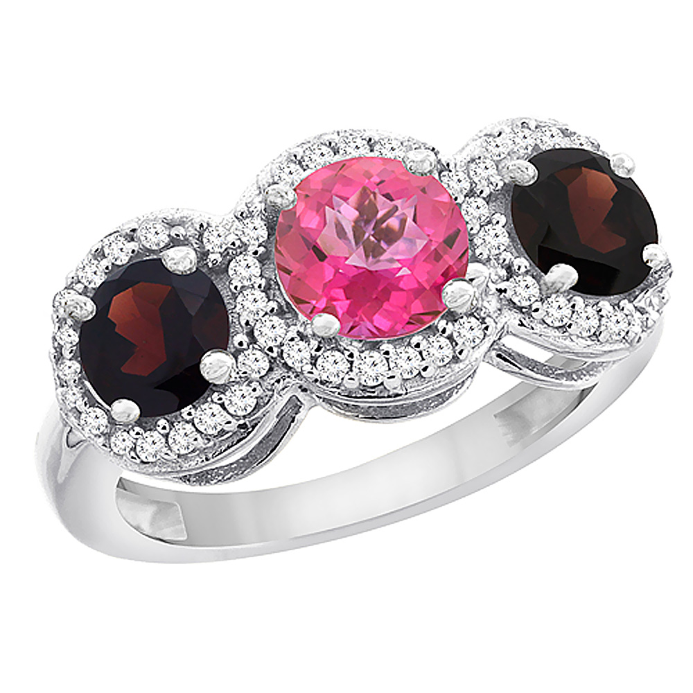 14K White Gold Natural Pink Topaz &amp; Garnet Sides Round 3-stone Ring Diamond Accents, sizes 5 - 10