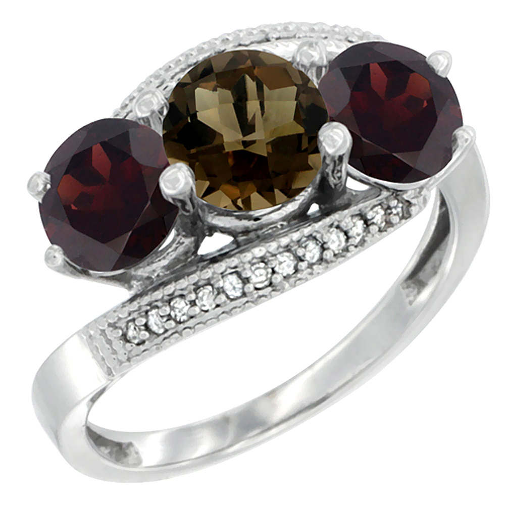 14K White Gold Natural Smoky Topaz & Garnet Sides 3 stone Ring Round 6mm Diamond Accent, sizes 5 - 10