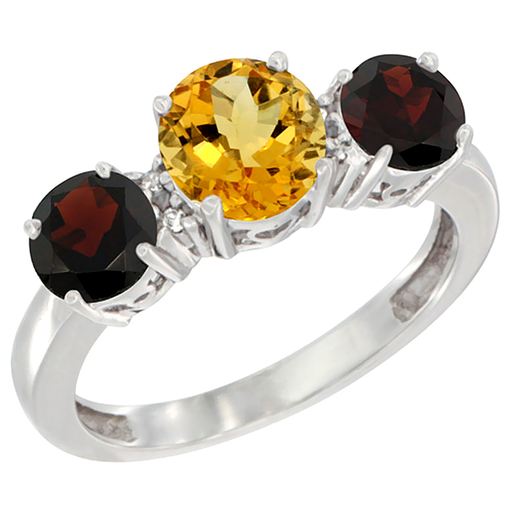 10K White Gold Round 3-Stone Natural Citrine Ring &amp; Garnet Sides Diamond Accent, sizes 5 - 10
