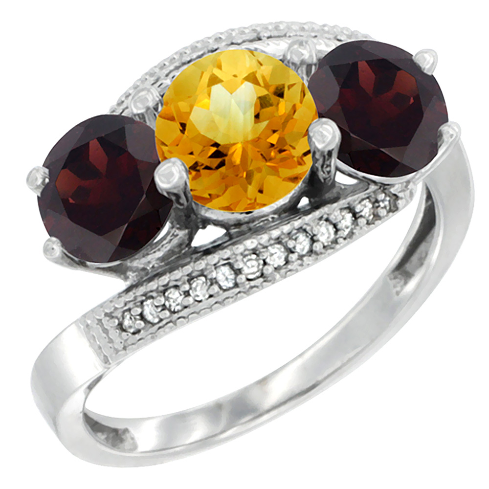 14K White Gold Natural Citrine &amp; Garnet Sides 3 stone Ring Round 6mm Diamond Accent, sizes 5 - 10