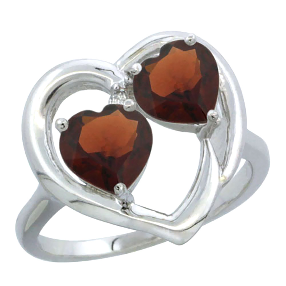 10K White Gold Diamond Two-stone Heart Ring 6mm Natural Garnet, sizes 5-10