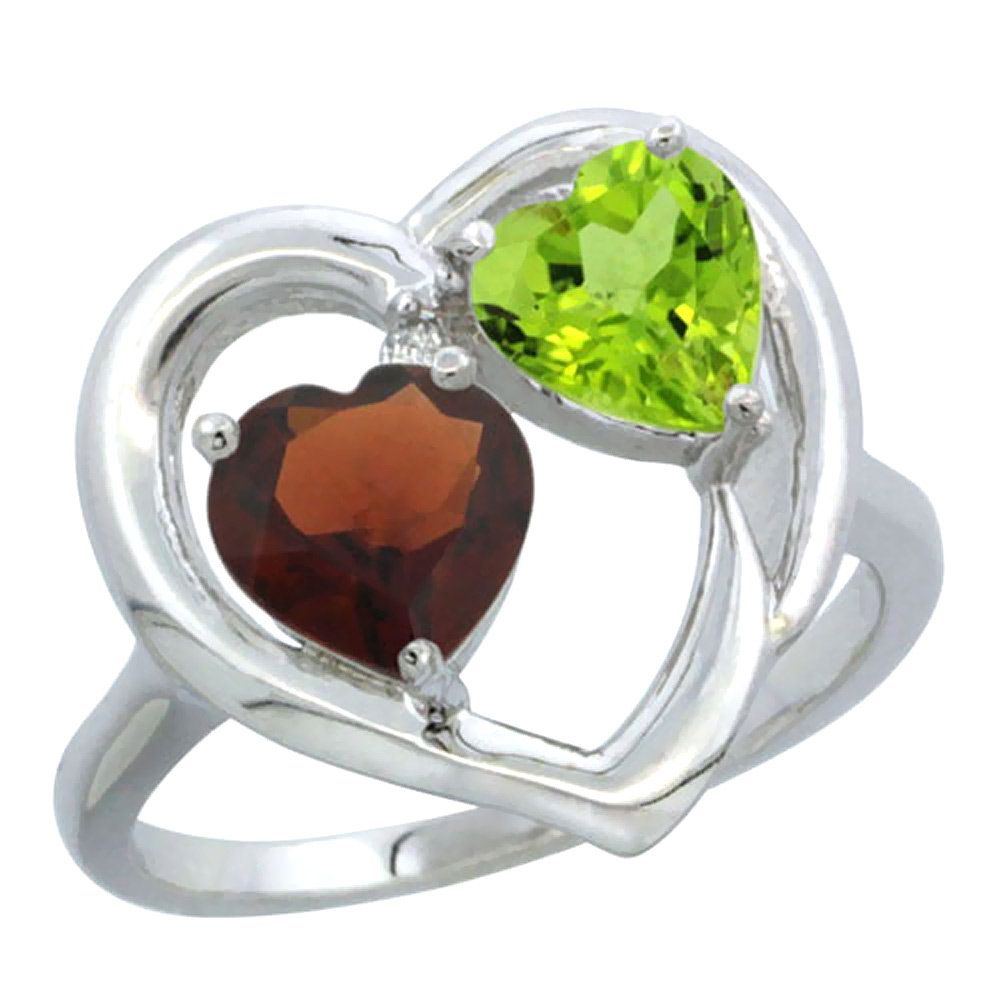 14K White Gold Diamond Two-stone Heart Ring 6mm Natural Garnet & Peridot, sizes 5-10