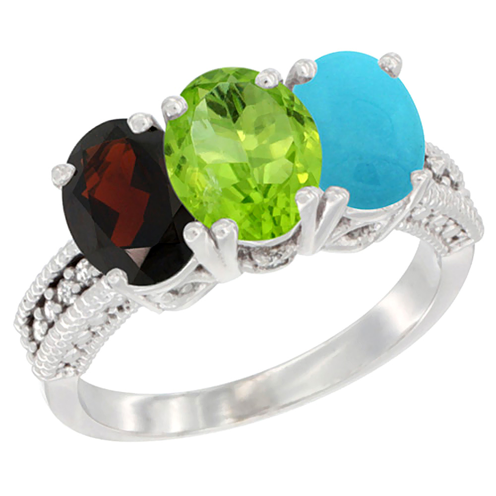 14K White Gold Natural Garnet, Peridot &amp; Turquoise Ring 3-Stone 7x5 mm Oval Diamond Accent, sizes 5 - 10