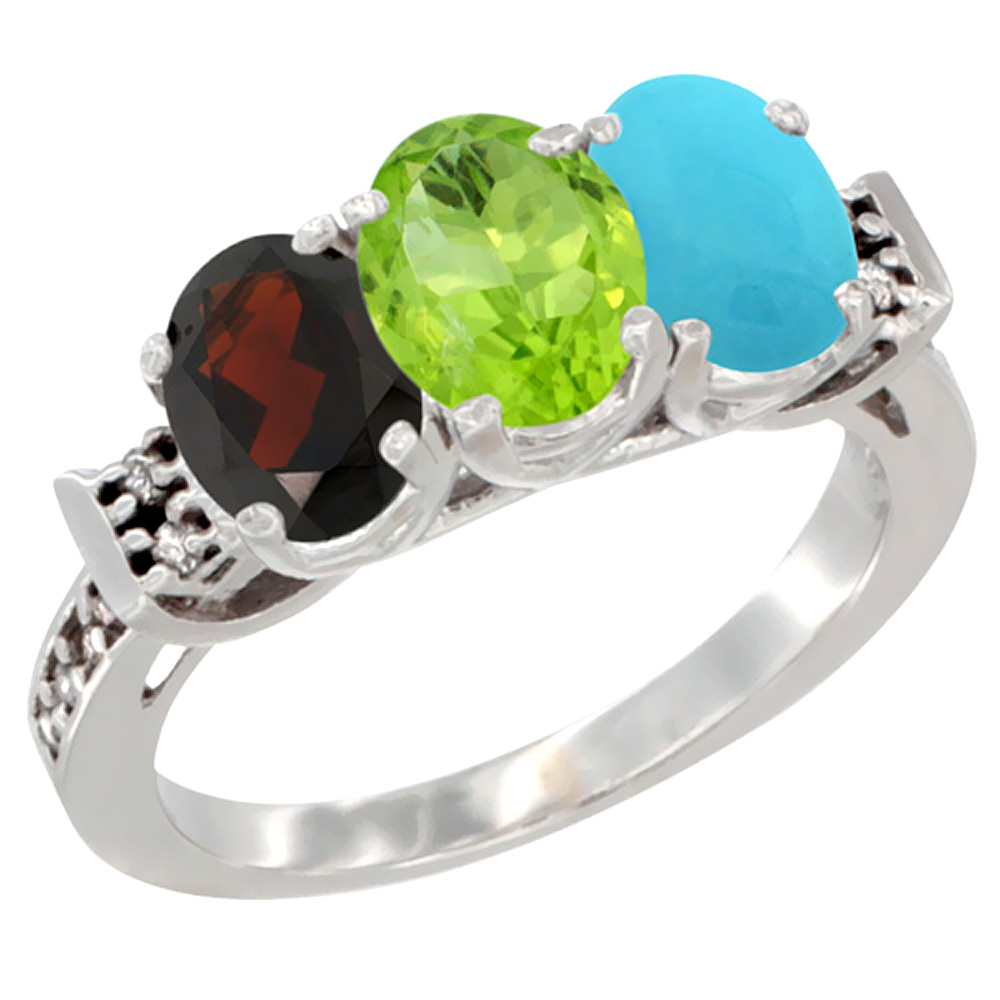 14K White Gold Natural Garnet, Peridot & Turquoise Ring 3-Stone 7x5 mm Oval Diamond Accent, sizes 5 - 10
