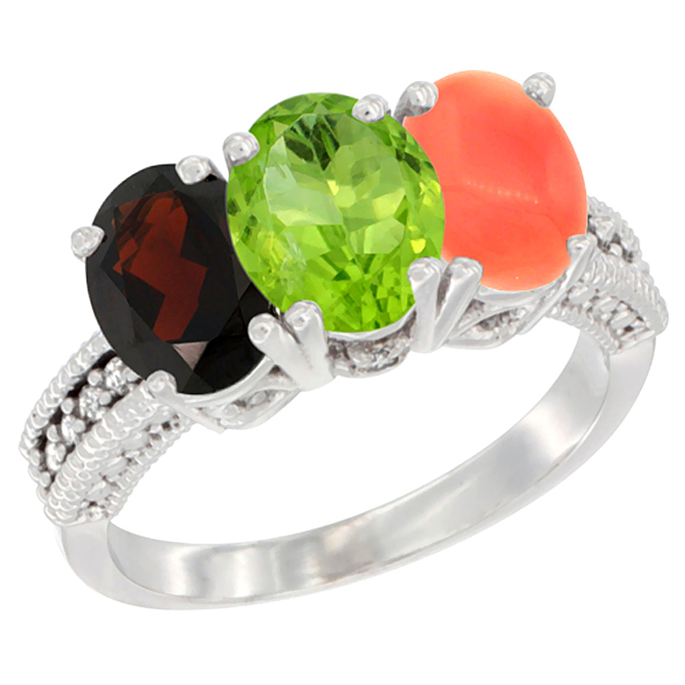 14K White Gold Natural Garnet, Peridot & Coral Ring 3-Stone 7x5 mm Oval Diamond Accent, sizes 5 - 10