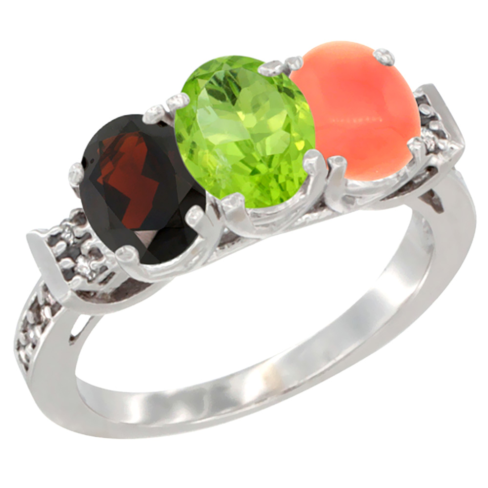 10K White Gold Natural Garnet, Peridot & Coral Ring 3-Stone Oval 7x5 mm Diamond Accent, sizes 5 - 10