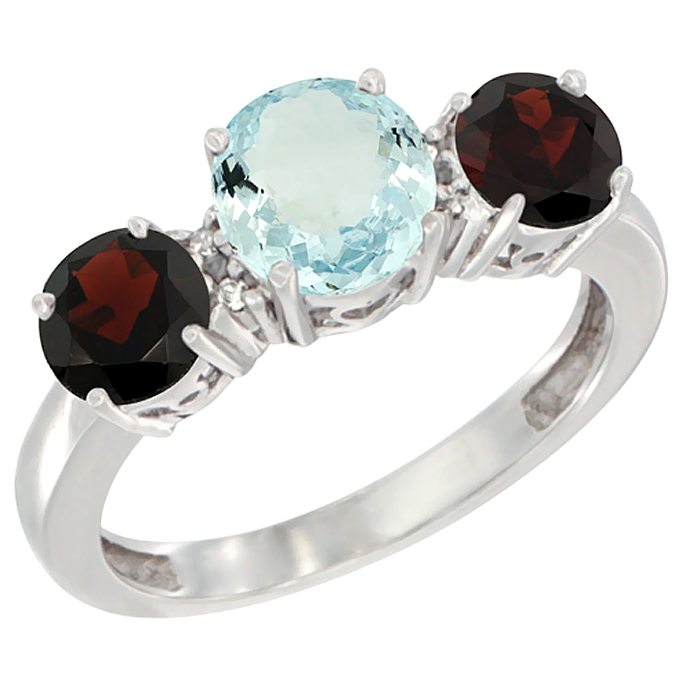 10K White Gold Round 3-Stone Natural Aquamarine Ring &amp; Garnet Sides Diamond Accent, sizes 5 - 10