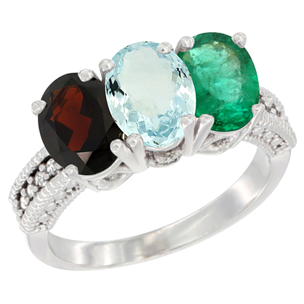10K White Gold Natural Garnet, Aquamarine & Emerald Ring 3-Stone Oval 7x5 mm Diamond Accent, sizes 5 - 10