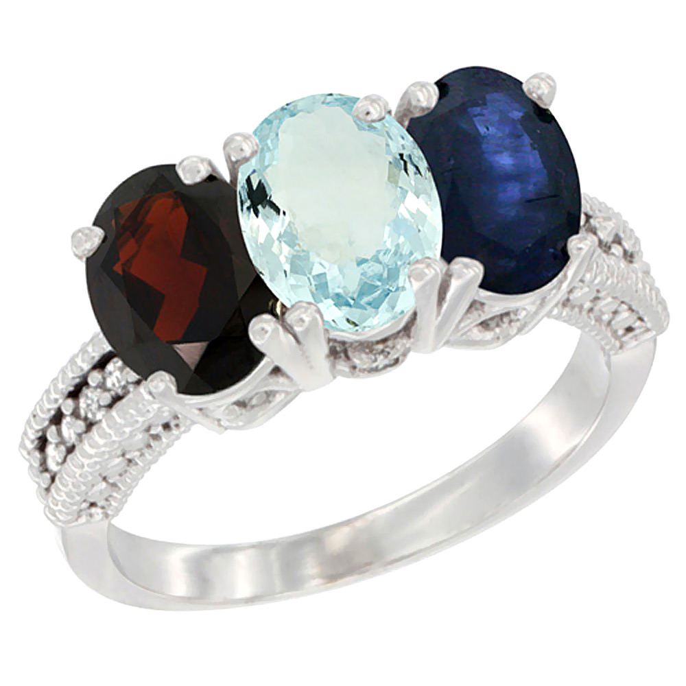 14K White Gold Natural Garnet, Aquamarine &amp; Blue Sapphire Ring 3-Stone 7x5 mm Oval Diamond Accent, sizes 5 - 10