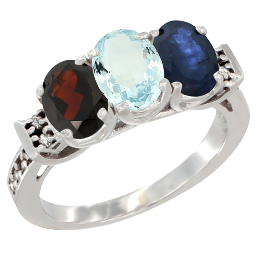 14K White Gold Natural Garnet, Aquamarine &amp; Blue Sapphire Ring 3-Stone 7x5 mm Oval Diamond Accent, sizes 5 - 10