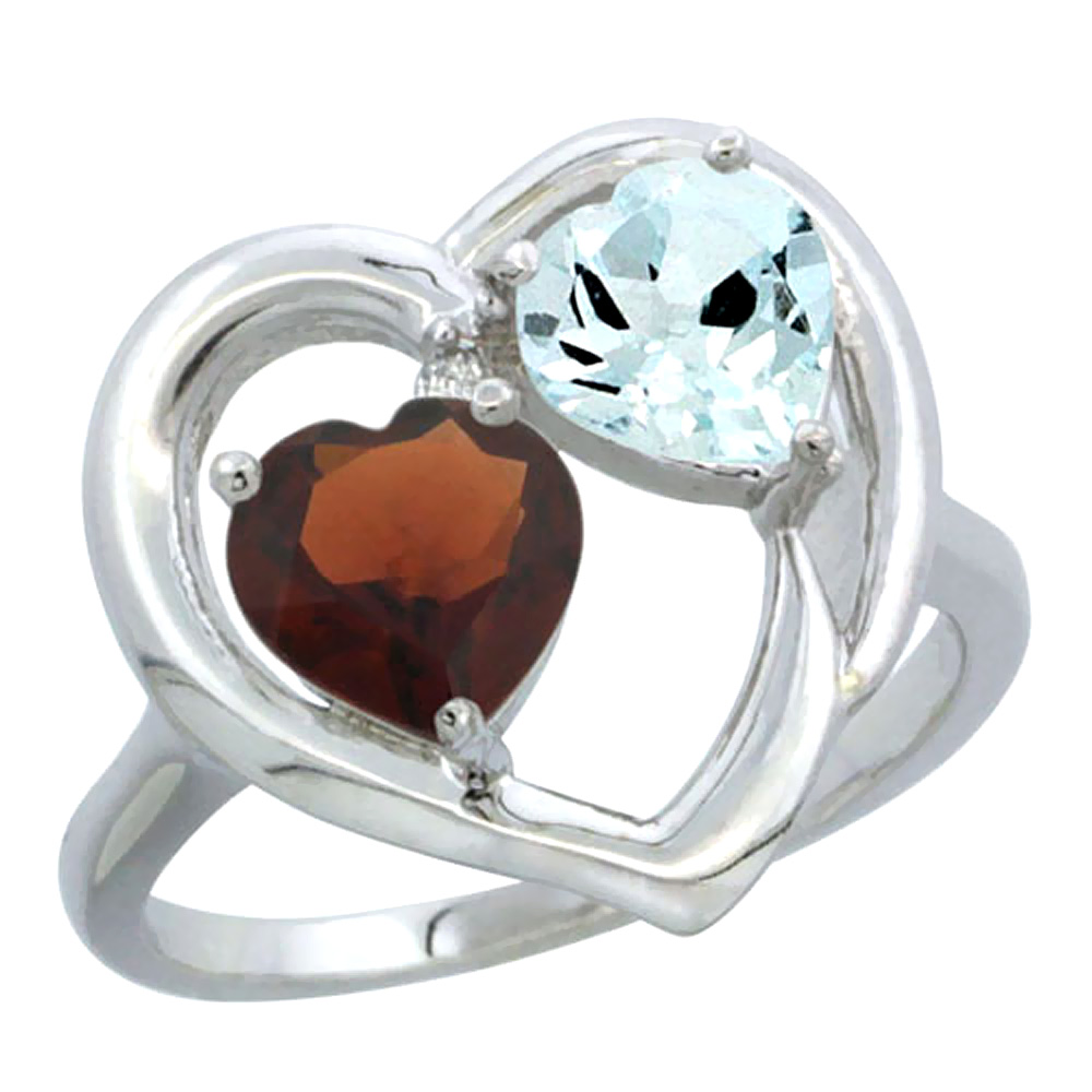10K White Gold Diamond Two-stone Heart Ring 6mm Natural Garnet &amp; Aquamarine, sizes 5-10