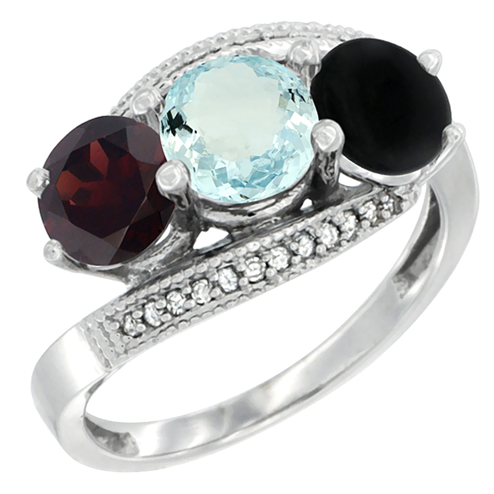 10K White Gold Natural Garnet, Aquamarine &amp; Black Onyx 3 stone Ring Round 6mm Diamond Accent, sizes 5 - 10