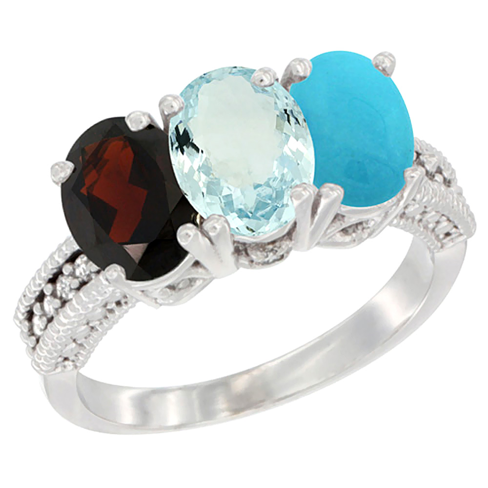 10K White Gold Natural Garnet, Aquamarine &amp; Turquoise Ring 3-Stone Oval 7x5 mm Diamond Accent, sizes 5 - 10