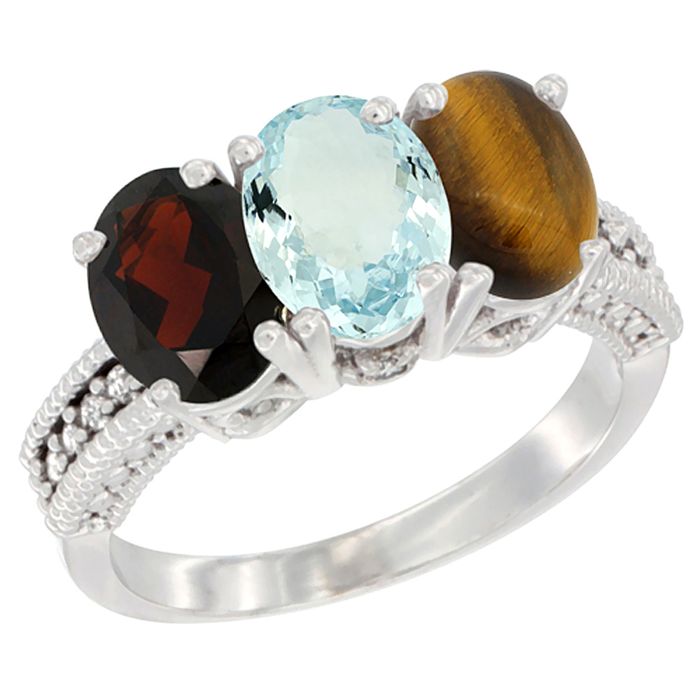 10K White Gold Natural Garnet, Aquamarine & Tiger Eye Ring 3-Stone Oval 7x5 mm Diamond Accent, sizes 5 - 10