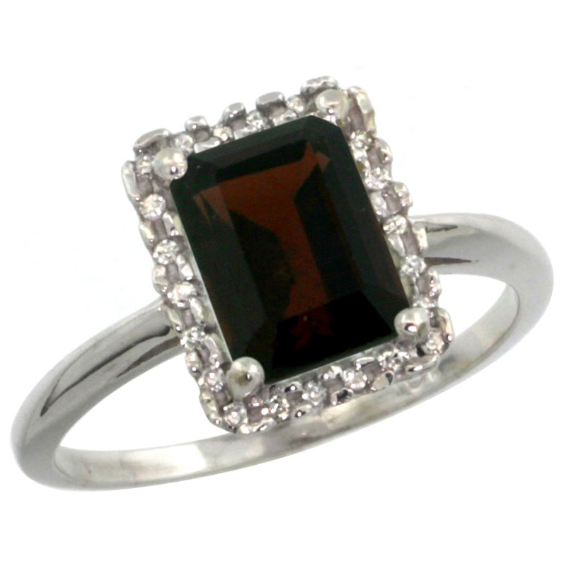 10K White Gold Diamond Natural Garnet Ring Emerald-cut 8x6mm, sizes 5-10
