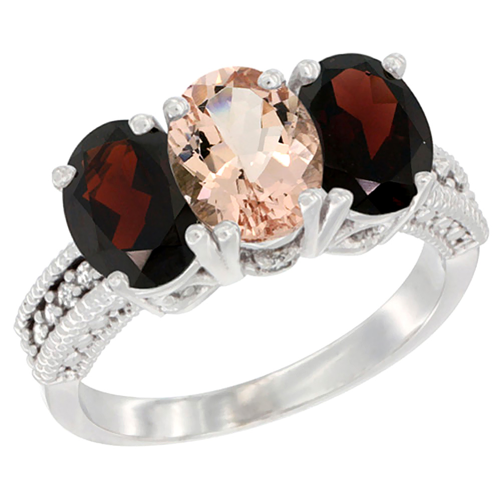 14K White Gold Natural Morganite &amp; Garnet Sides Ring 3-Stone 7x5 mm Oval Diamond Accent, sizes 5 - 10