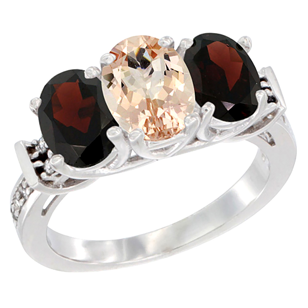 14K White Gold Natural Morganite &amp; Garnet Sides Ring 3-Stone Oval Diamond Accent, sizes 5 - 10